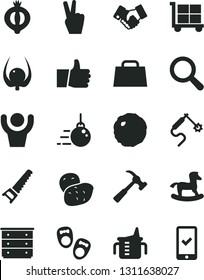 Solid Black Vector Icon Set - cargo trolley vector, magnifier, chest of drawers, measuring cup for feeding, small rocking horse, shoes little children, big core, hand saw, hammer with claw, thumb up