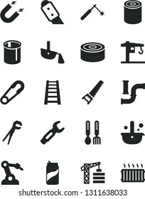 Solid Black Vector Icon Set - safety pin vector, iron fork spoons, crane, tower, adjustable wrench, hand saw, stepladder, knife, canned goods, tin, soda can, water pipes, magnet, welding, metallurgy