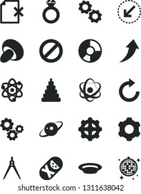 Solid Black Vector Icon Set - prohibition vector, clockwise, stacking toy, tumbler, cogwheel, left bottom arrow, delete page, porcini, plate, gear, gears, ring diagram, atom, drawing compass, saturn