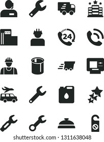 Solid Black Vector Icon Set - repair key vector, builder, 24, phone call, modern gas station, canister of oil, pipes, steel, dispatcher, urgent cargo, Express delivery, three stars, atm, hotel