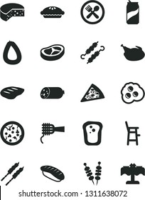 Solid Black Vector Icon Set - a chair for feeding child vector, sausage, stick of, cheese, fried vegetables on sticks, pizza, piece, noodles, pie, chicken, bacon, chop, barbecue, meat skewers, cafe