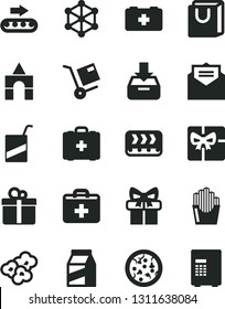Solid Black Vector Icon Set - first aid kit vector, bag of a paramedic, medical, e, box bricks, received letter, put in, with handles, gift, package, shipment, pizza, fried potato slices, popcorn