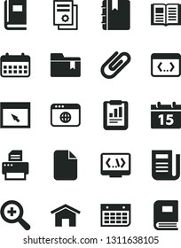 Solid Black Vector Icon Set - zoom vector, folder bookmark, home, calendar, book, notebook, clip, statistical report, scientific publication, wall, newspaper, printer, browser, coding, file