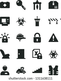 Solid Black Vector Icon Set - warning vector, car child seat, bag of a paramedic, workman, ntrance door, helmet, road fence, lock, key, cardboard box, autopilot, encrypting, biohazard, stairway, atm