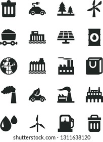 Solid Black Vector Icon Set - dust bin vector, bag with handles, solar panel, gas station, windmill, wind energy, manufacture, factory, oil, hydroelectric, hydroelectricity, forest, drop, eco car