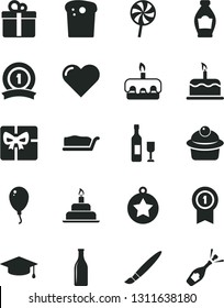 Solid Black Vector Icon Set - tassel vector, balloon, birthday cake, heart, gift, Easter, muffin, slice, torte, lollipop, bottle, Glass, giftbox, graduate, star medal, with pennant, ribbon, wine