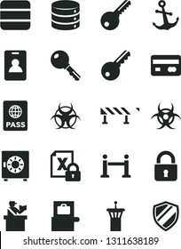 Solid Black Vector Icon Set - key vector, road fence, lock, anchor, passport, big data, strongbox, reverse side of a bank card, encrypting, biohazard, airport tower, rope barrier, identity, shield