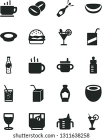 Solid Black Vector Icon Set - mug for feeding vector, measuring cup, bottle, e, packing of juice with a straw, coffee, burger, plate milk, beans, tea, glass soda, cocktail, piece coconut, half