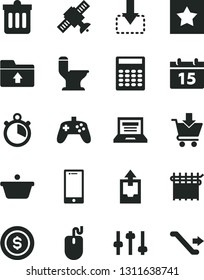 Solid Black Vector Icon Set - laptop vector, upload archive data, folder, comfortable toilet, calendar, dust bin, smartphone, put in cart, move down, cloth industry, pan, mouse, joystick, settings
