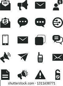 Solid Black Vector Icon Set - warning vector, envelope, scribbled paper, received letter, speech, smartphone, megaphone, copy, loudspeaker, mobile phone, network, mail, dialog, plane, money