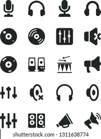 Solid Black Vector Icon Set - desktop microphone vector, horn, loudspeaker, silent mode, drumroll, headphones, CD, regulator, no sound, megaphone, pc speaker, settings