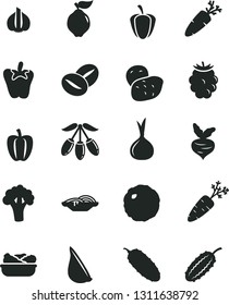 Solid Black Vector Icon Set - slices of onion vector, lettuce in a plate, cabbage, cucumber, peper, garlic, carrot, coffee beans, quince, blackberry, goji berry, Bell pepper, ripe, potato, beet