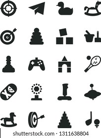 Solid Black Vector Icon Set - paper airplane vector, rubber duck, stacking rings, toy, tumbler, sand set, yule, rocking horse, small, cubes for children, box of bricks, joystick, cup, pawn, target