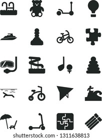 Solid Black Vector Icon Set - stacking rings vector, small teddy bear, child bicycle, Kick scooter, Puzzle, Puzzles, pawn, air balloon, hang glider, bike, beach, arnchair under umbrella, pool, golf
