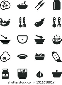 Solid Black Vector Icon Set - deep plate with a spoon vector, plates and spoons, plastic fork, iron, sink, knife, bowl of rice porridge, in saucepan, lettuce, barbecue, chili, glass tea, fried egg