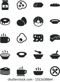 Solid Black Vector Icon Set - deep plate with a spoon vector, coffee, sausage, piece of cheese, eggs, loaf, cake hole, glazed, bowl buckwheat porridge, in saucepan, hot, milk, cup tea, fried egg
