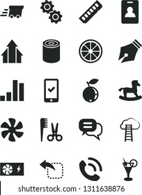 Solid Black Vector Icon Set - accessories for a hairstyle vector, small rocking horse, phone call, move left, tin, blueberry, juicy lemon, marine propeller, bar chart, urgent cargo, pc power supply