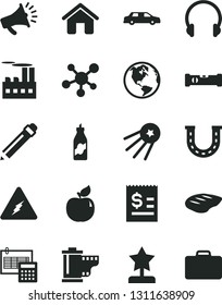 Solid Black Vector Icon Set - graphite pencil vector, camera roll, house, construction level, calculation, headphones, chop, liquor, apricot, industrial building, article on the dollar, horn, luck