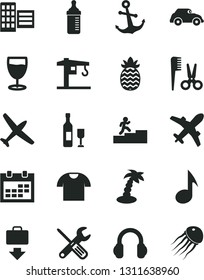 Solid Black Vector Icon Set - calendar vector, measuring bottle for feeding, accessories a hairstyle, crane, small tools, city block, anchor, T shirt, glass, pineapple, retro car, headphones, note