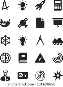 Solid Black Vector Icon Set - chili vector, file, electricity, bulb, satellite, book, oscilloscope, scientist, calculator, drawing compass, radar, earth core, rocket, lunar rover, presentation board