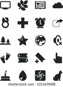 Solid Black Vector Icon Set - add bookmark vector, plus, silent mode, footprints, cake, Puzzles, books, star, alarm clock, index finger, book, drop, move right, planet, forest, monitor, cloud, pets