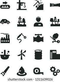 Solid Black Vector Icon Set - workman vector, concrete mixer, hand saw, measuring tape, construction level, sea port, commercial seaport, coal mining, modern gas station, wind energy, valve, barrel