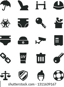 Solid Black Vector Icon Set - spectacles vector, scales, diaper, nappy, car child seat, winter hat, warm, construction helmet, dust bin, key, umbrella, biohazard, rope barrier, passort control, safe