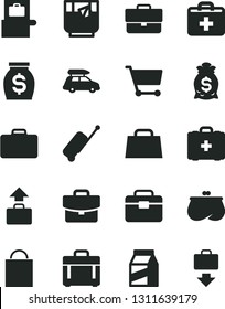 Solid Black Vector Icon Set - briefcase vector, paper bag, first aid kit, medical, portfolio, case, suitcase, package, a glass of tea, cart, purse, money, hand, car baggage, scanner, rolling