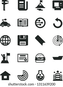 Solid Black Vector Icon Set - bookmark vector, counterclockwise, bath, dwelling, book, earth, burger, electric car, calipers, newspaper, network, floppy, flask, radar, patente, man with flag, atm