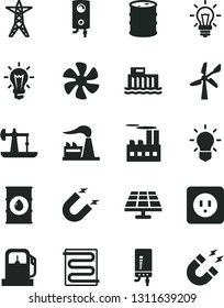 Solid Black Vector Icon Set - power socket type b vector, heating coil, boiler, electronic, marine propeller, solar panel, oil derrick, gas station, wind energy, factory, barrel, hydroelectric, line