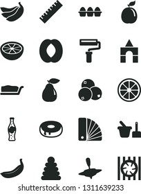 Solid Black Vector Icon Set - paint roller vector, yardstick, stacking rings, toy sand set, small yule, box of bricks, color samples, bundle eggs, cake slice, with a hole, bottle soda, pear, banana