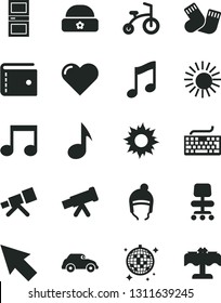 Solid Black Vector Icon Set - purse vector, keyboard, warm socks, child bicycle, winter hat, interroom door, heart, music, retro car, note, chair, cursor, telescope, sun, disco ball, restaurant