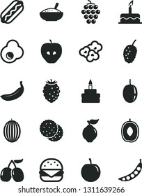 Solid Black Vector Icon Set - cake vector, Hot Dog, big burger, birthday, a bowl of rice porridge, popcorn, fried egg, biscuit, large grape, quince, tasty apple, raspberry, mulberry, cornels, melon