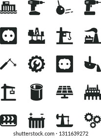 Solid Black Vector Icon Set - cordless drill vector, power socket type f, gear, core, commercial seaport, solar panel, oil derrick, factory, battery, hydroelectric station, industrial, conveyor