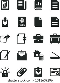 Solid Black Vector Icon Set - scribbled paper vector, upload archive data, download, estimate, received letter, case, passport, suitcase, notes, delete page, clip, move right, statistical report