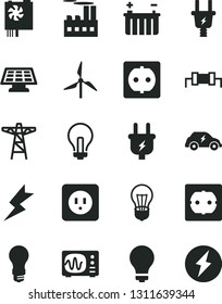 Solid Black Vector Icon Set - matte light bulb vector, incandescent lamp, power socket type b, f, lightning, windmill, battery, pole, plug, electric, industrial building, transport, pc supply