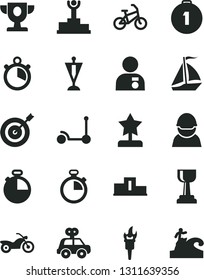 Solid Black Vector Icon Set - stopwatch vector, motor vehicle present, Kick scooter, timer, racer, flame torch, pedestal, winner podium, prize, gold cup, star reward, man with medal, pennant, target