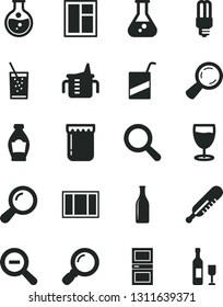 Solid Black Vector Icon Set - magnifier vector, zoom out, measuring cup for feeding, mercury thermometer, e, window, frame, interroom door, a glass of soda, jam, bottle, round flask, light bulb