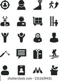 Solid Black Vector Icon Set - image of thought vector, cargo trolley, operator, folded shirt, racer, welding, woman, man, in sight, conversation, scientist, winner, arrow up, stairway, hands