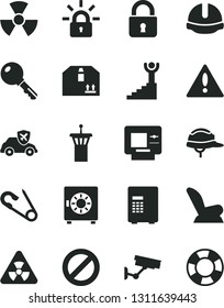 Solid Black Vector Icon Set - warning vector, prohibition, car child seat, open pin, construction helmet, lock, key, strongbox, cardboard box, autopilot, encrypting, nuclear, winner stairway, atm