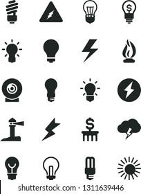 Solid Black Vector Icon Set - lightning vector, matte light bulb, incandescent lamp, saving, storm cloud, lens, mercury, coastal lighthouse, electricity, flame, dollar column, idea, sun