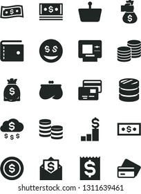 Solid Black Vector Icon Set - purse vector, cards, coins, shopping basket, column of, financial item, dollars, cash, money bag hand, rain, dollar coin, pedestal, eyes, mail, atm, credit card