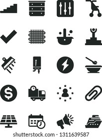 Solid Black Vector Icon Set - clip vector, check mark, chest of drawers, sitting stroller, plates and spoons, spatula, electronic boiler, regulator, delivery, solar panel, weaving, metallurgy