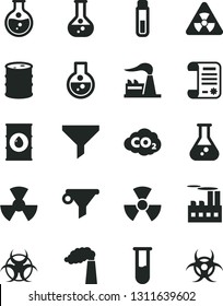 Solid Black Vector Icon Set - round flask vector, manufacture, factory, oil, barrel, industrial building, radiation, carbon dyoxide, filter, water, research article, test tube, nuclear, biohazard