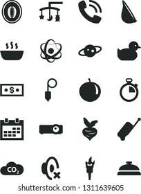 Solid Black Vector Icon Set - calendar vector, stopwatch, silent mode, toys over the cradle, baby duckling, plummet, hot porridge, garlic, half melon, tangerine, beet, CO2, phone call, projector