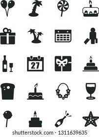 Solid Black Vector Icon Set - daily calendar vector, colored air balloons, cake, birthday, gift, Easter, torte, Chupa Chups, lollipop, glass, wall, giftbox, wine, champagne, passenger, palm tree