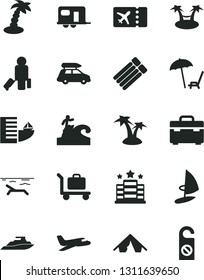 Solid Black Vector Icon Set - suitcase vector, plane, car baggage, camper, passenger, ticket, hotel, tent, beach, arnchair under umbrella, palm tree, surfing, hammok, yacht, inflatable mattress