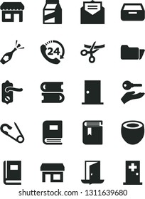 Solid Black Vector Icon Set - book vector, open pin, books, door knob, ntrance, received letter, drawer, 24, package, half of coconut, kiosk, stall, folder, arm with key, exit, grand opening