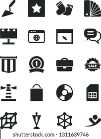 Solid Black Vector Icon Set - paper bag vector, warm socks, building trowel, color samples, SIM card, lighthouse, billboard with illumination, portfolio, ring diagram, sale, browser, 3d cube, star