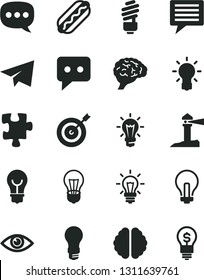Solid Black Vector Icon Set - image of thought vector, incandescent lamp, paper airplane, Puzzle, saving light bulb, eye, Hot Dog, coastal lighthouse, think, speech, brain, target, idea